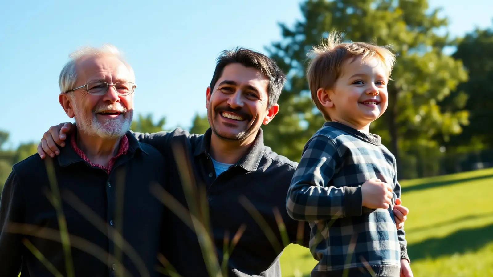 Avô, pai e filho sorrindo ao ar livre, representando o planejamento de futuro com a Casarini Seguros