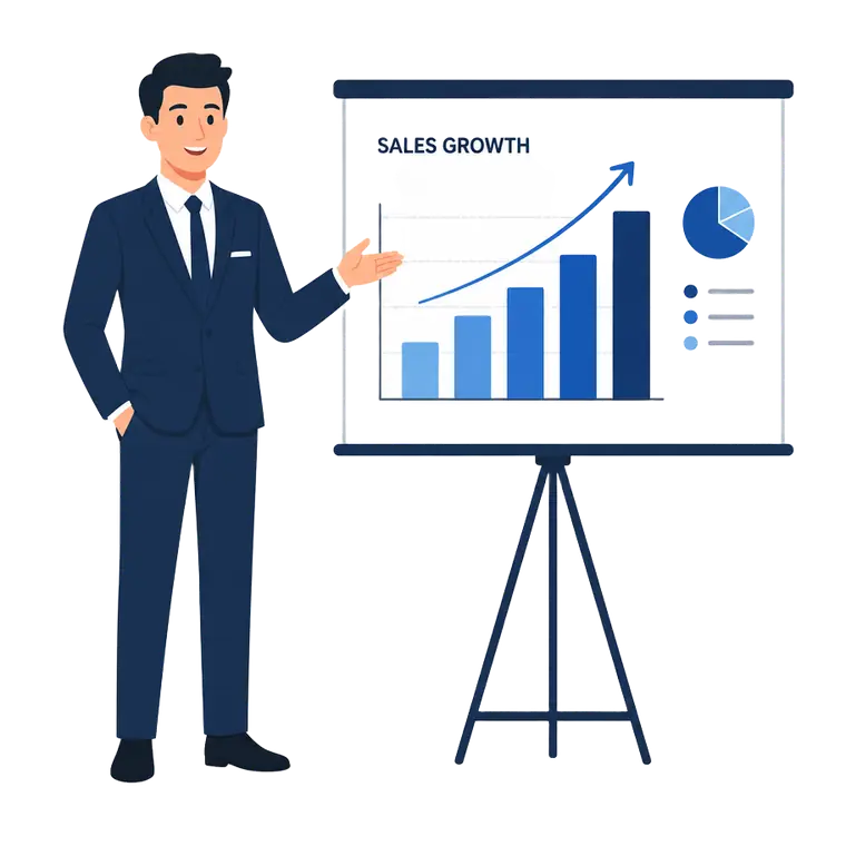 Ilustração de consultor apresentando um gráfico, representando o atendimento consultivo